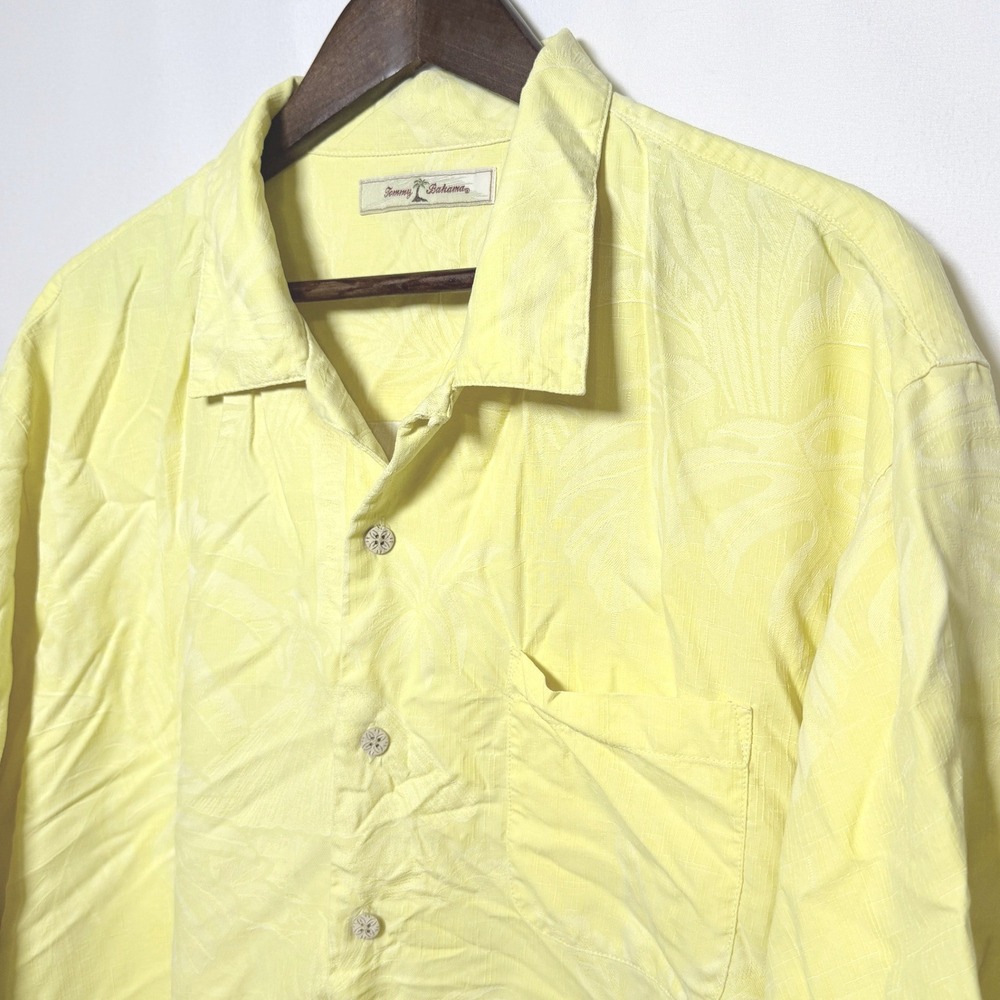 Tommy Bahama Mens XL Yellow 100% Silk Jacquard Palm Leaf Camp Shirt